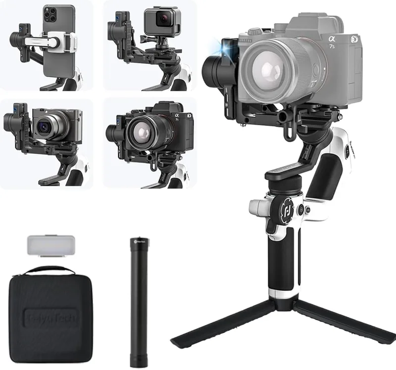 FeiyuTech ▫️ SCORP Mini 2 Kit branco [oficial] – estabilizador de câmara tudo-em-um com cardã portátil de 3 eixos para câmaras sem espelho e DSLR, compatível com Sony A7III, Canon R6, Fujifilm, GoPro, smartphones e AI Track,