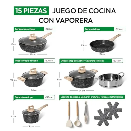 JUST PERFECTO HOUSEHOLD APPLIANCES ▫️ JUST PERFECTO Conjunto de panelas para fogão de indução e frigideiras antiaderentes - Panelas de 24 cm e 18 cm - Frigideiras para indução de 24 cm e 28 cm - Frigideira funda com tampa de 24 cm - Panelas para indução, incluindo espátula 2