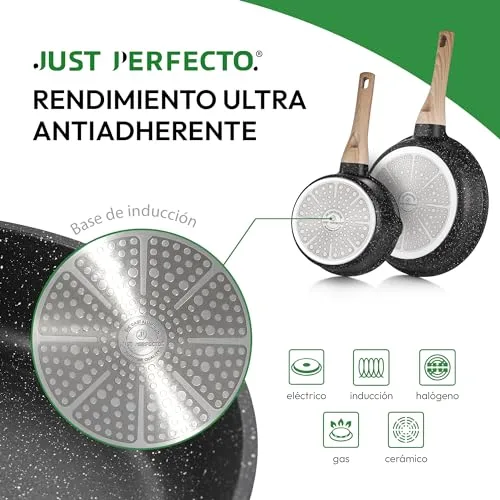 JUST PERFECTO HOUSEHOLD APPLIANCES ▫️ JUST PERFECTO Conjunto de panelas para fogão de indução e frigideiras antiaderentes - Panelas de 24 cm e 18 cm - Frigideiras para indução de 24 cm e 28 cm - Frigideira funda com tampa de 24 cm - Panelas para indução, incluindo espátula 3