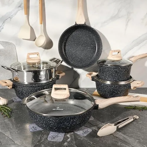 JUST PERFECTO HOUSEHOLD APPLIANCES ▫️ JUST PERFECTO Conjunto de panelas para fogão de indução e frigideiras antiaderentes - Panelas de 24 cm e 18 cm - Frigideiras para indução de 24 cm e 28 cm - Frigideira funda com tampa de 24 cm - Panelas para indução, incluindo espátula 4