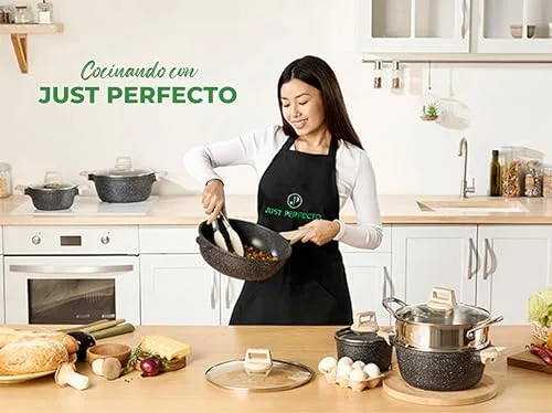 JUST PERFECTO HOUSEHOLD APPLIANCES ▫️ JUST PERFECTO Conjunto de panelas para fogão de indução e frigideiras antiaderentes - Panelas de 24 cm e 18 cm - Frigideiras para indução de 24 cm e 28 cm - Frigideira funda com tampa de 24 cm - Panelas para indução, incluindo espátula 5