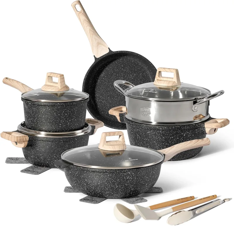 JUST PERFECTO HOUSEHOLD APPLIANCES ▫️ JUST PERFECTO Conjunto de panelas para fogão de indução e frigideiras antiaderentes - Panelas de 24 cm e 18 cm - Frigideiras para indução de 24 cm e 28 cm - Frigideira funda com tampa de 24 cm - Panelas para indução, incluindo espátula
