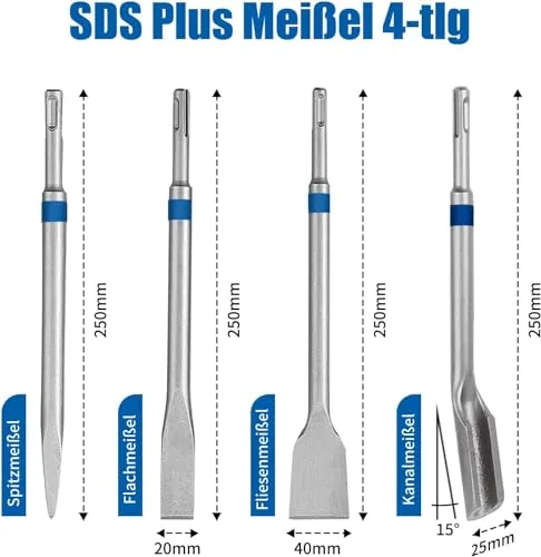 HYCHIKA BETTER TOOLS FOR BETTER LIFE ▫️ Conjunto de cinzéis SDS Plus HYCHIKA, 4 peças – cinzel de ponta, cinzel plano de 40 mm, cinzel estriado de 25 mm e cinzel para azulejos de 20 mm – acessórios para martelo perfurador e martelo demolidor em betão e alvenaria 2