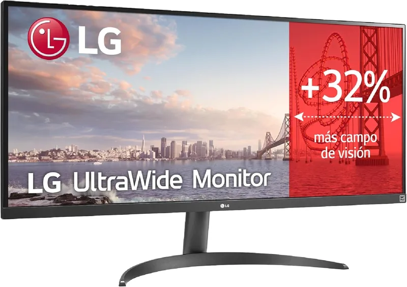LG ▫️ 34WQ500-B - Monitor UltraWide 34", Painel IPS 2560x1080 21:9, 100 Hz, 5 ms, HDR10, AMD FreeSync, Super Resolution+, 2× HDMI 2.0, Classe F, Preto