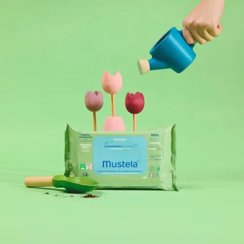 Mustela ▫️ Toalhitas higiénicas perfumadas e compostáveis 100% fibras de lyocell de origem vegetal, para o corpo e maquilhagem, para bebés e toda a família - 99,5% de ingredientes de origem natural (60 unidades) 3