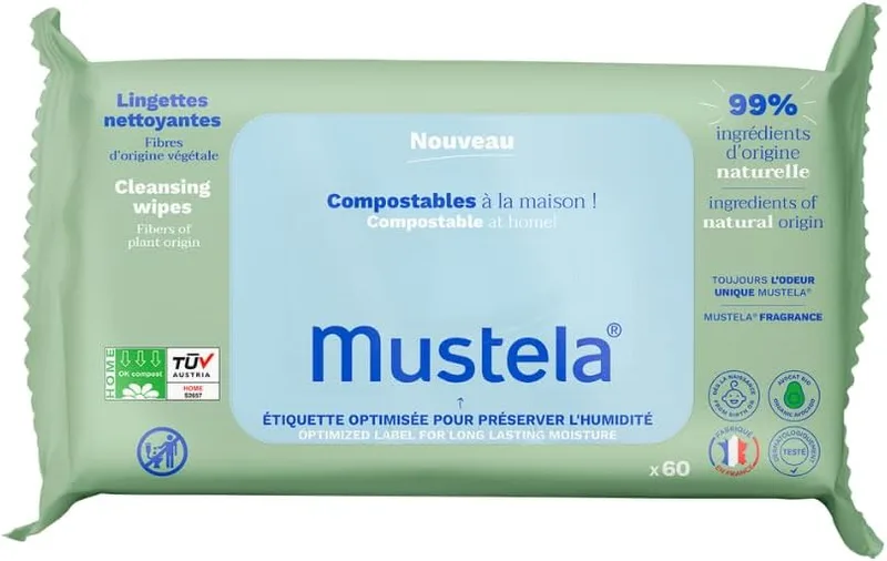 Mustela ▫️ Toalhitas higiénicas perfumadas e compostáveis 100% fibras de lyocell de origem vegetal, para o corpo e maquilhagem, para bebés e toda a família - 99,5% de ingredientes de origem natural (60 unidades)