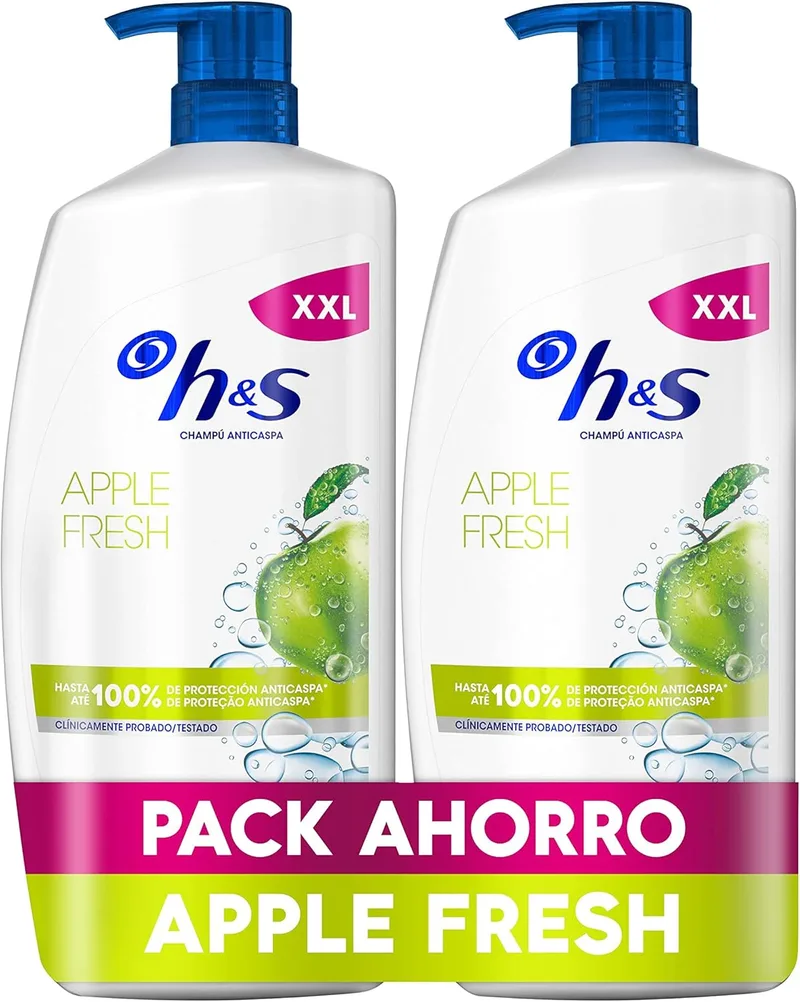 h&s ▫️ Champô anti-caspa Apple Fresh 2x1000ml com doseador, para uso diário. Até 100% de proteção anti-caspa, clinicamente testada. Para todos os tipos de cabelo e couro cabeludo. Frescura, aroma a maçã