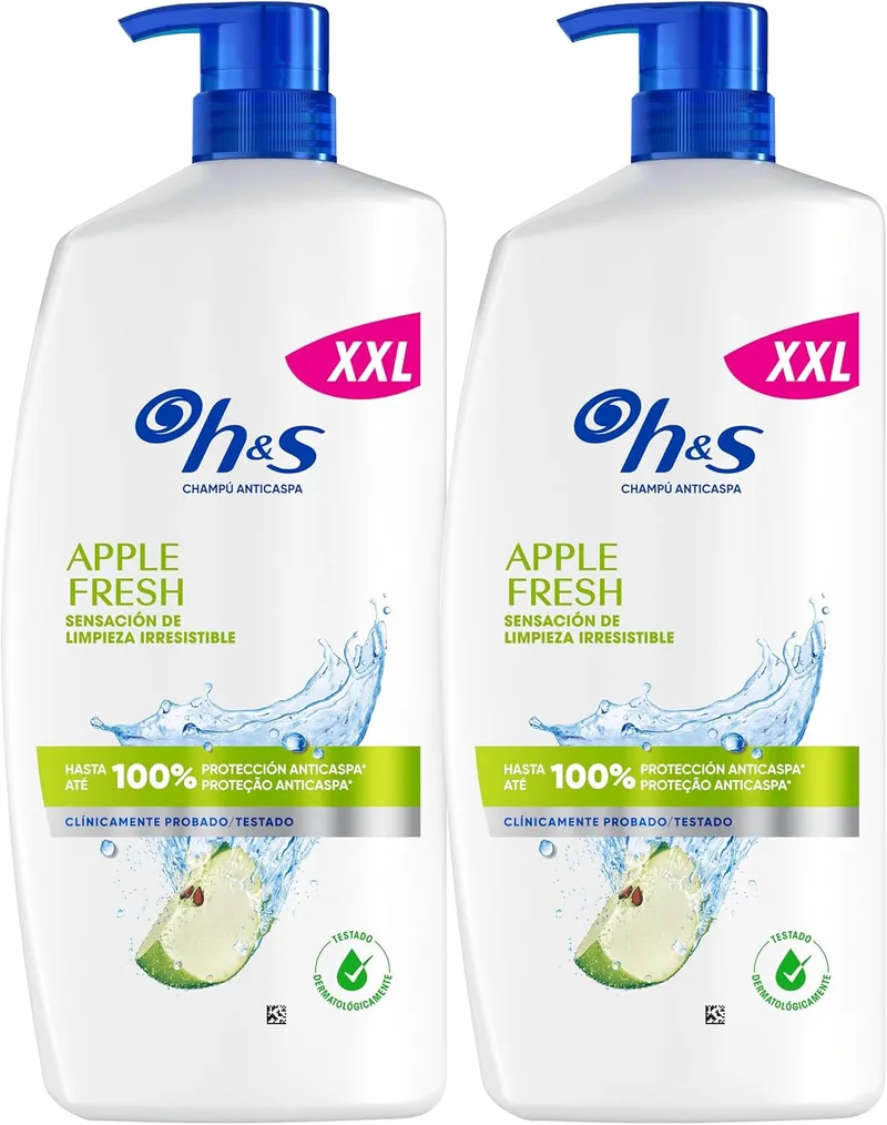 h&s ▫️ Apple Fresh Champô Anticaspa 2x1000 ml com Dispensador, para uso diário. Até 100% de proteção anticaspa, clinicamente comprovado. Para todos os tipos de cabelo e couro cabeludo. Frescor, aroma a maçã