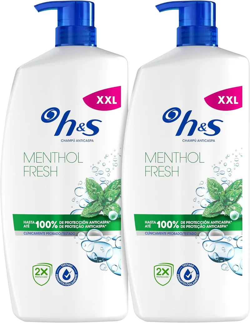 h&s ▫️ Menthol Fresh Champô Anti-Caspa 2x1000ml com doseador, para uso diário. Até 100% de proteção contra a caspa, clinicamente testado. Para todos os tipos de cabelo e couro cabeludo Frescura, aroma de mentol.