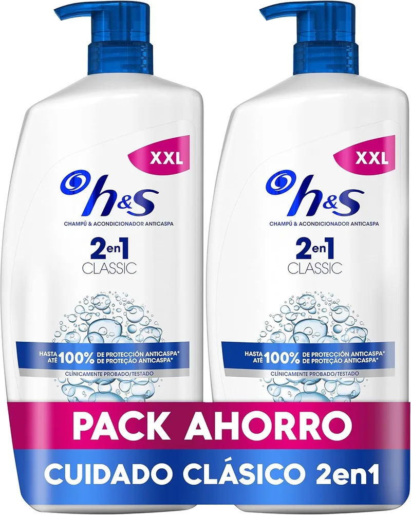 h&s ▫️ Champô e amaciador anti-caspa Classic 2 em 1 2x1000ml, com doseador. Até 100% de proteção anti-caspa. Para todos os tipos de cabelo e couro cabeludo. Utilização diária. Limpeza profunda, nova versão