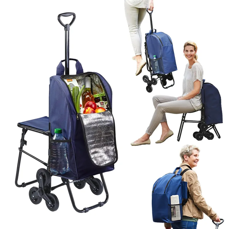 Avilia ▫️ Carrinho de compras com assento rebatível – Máxima manobrabilidade e conforto | Sistema de 3 rodas, pega telescópica, bolsa térmica removível | Capacidade de 35 l, ideal para idosos e famílias