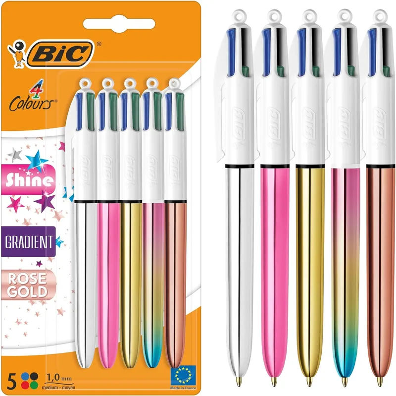 BIC ▫️ Canetas retráteis com 4 cores brilhantes e esbatidas, ponta média (1,00 mm) em prateado metálico, dourado, rosa, ouro-rosa e esbatido em tons pastel, embalagem de 5 unidades