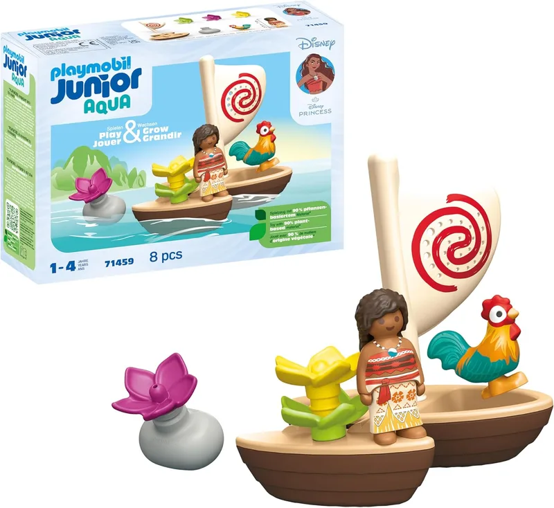 PLAYMOBIL ▫️ Junior & Disney 71459 Catamarã de Vaiana, com flores flutuantes e um galo, brinquedo sustentável feito de plástico à base de plantas, brinquedos para meninos e meninas a partir de 1 ano de idade