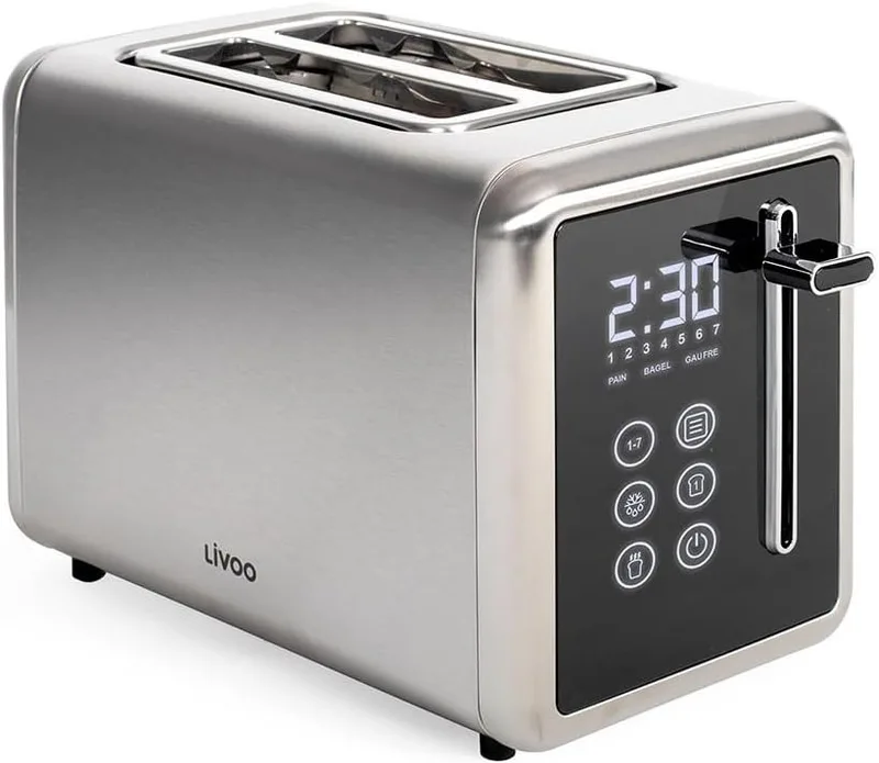 LIVOO ▫️ Torradeira de 2 ranhuras DOD205 - Ranhura larga de 3,5 cm, 850 W, ecrã tátil, 3 funções, termóstato regulável (7 níveis), aço inoxidável