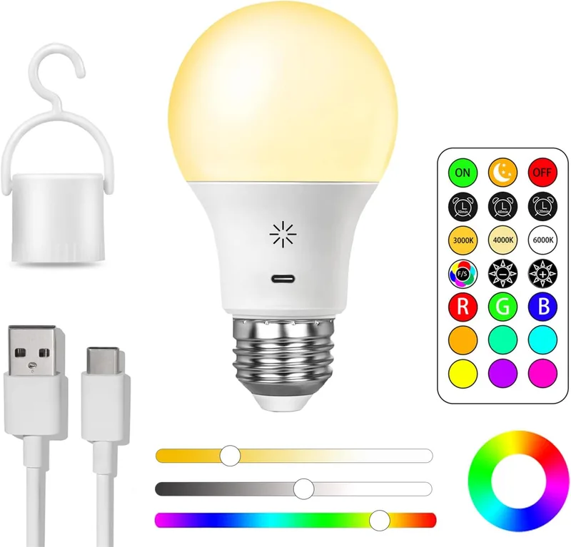 BOBOPAI ▫️ Lâmpada de bateria recarregável USB C com controlo remoto, lâmpadas inteligentes RGB de 8W que mudam de cor, 9+3 temperaturas de cor, lâmpada LED E27 regulável por toque com temporizador, 2600mAh, 1 embalagem