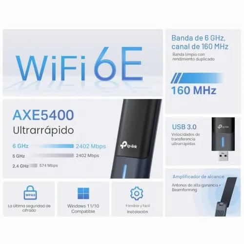 TP-Link ▫️ Archer TXE70UH - Adaptador Wi-Fi USB, 2402 Mbps, Wi-Fi 6E, USB 3.0 4