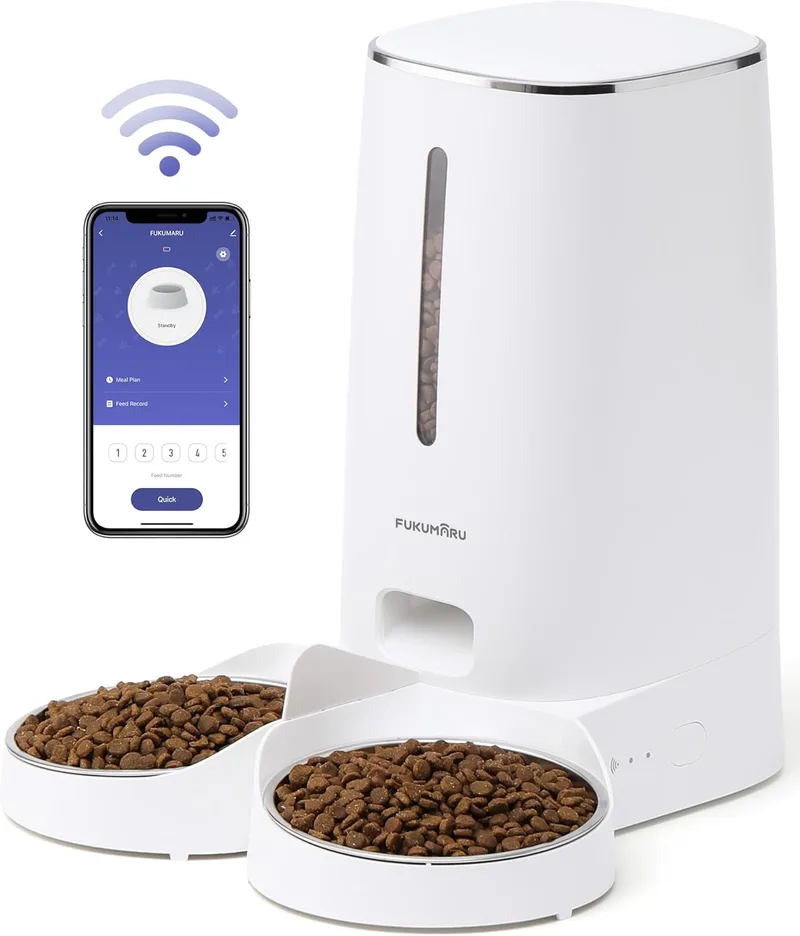 FUKUMARU ▫️ Comedouro Automático para Gatos com Wi-Fi, Dispensador de 4 L de comida para cães/gatos com duas tigelas, Programa personalizado de alimentação automática, Funcionamento a pilhas e com ligação à corrente, Branco