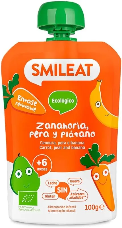 SMILEAT EAT & SMILE ▫️ Smileat - Saquetas de Fruta Biológica - Sem Sal, Sem Açúcar, Sem Glúten - Lanche Prático para Crianças - Sabores Cenoura, Pera e Banana