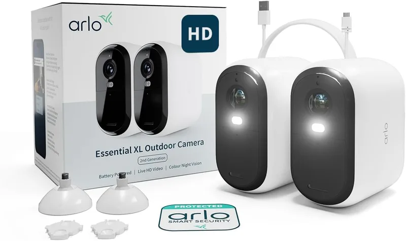 Arlo ▫️ Câmara de vigilância Wi-Fi exterior HD Essential 2 XL, câmara de vigilância Wi-Fi interior, sensor de movimento, alarmes para a casa, visão noturna a cores, período de teste Secure incluído, 2 câmaras, brancas