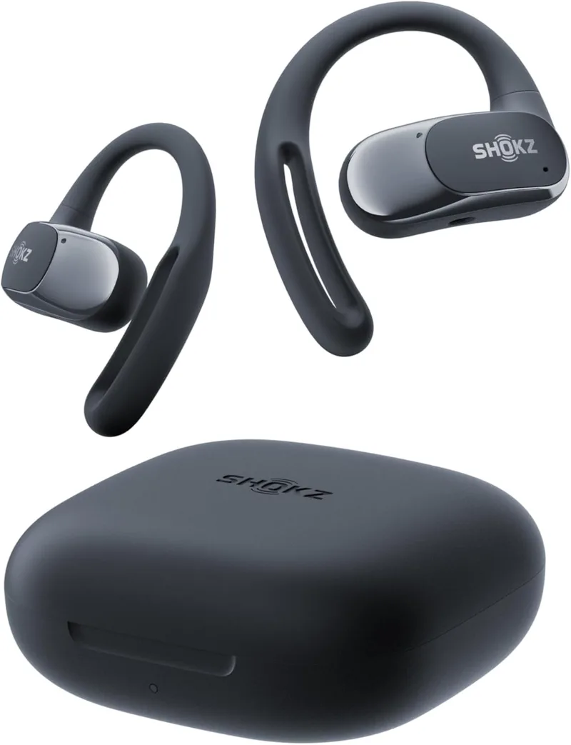 SHOKZ ▫️ Auscultadores Open-Ear OpenFit Air, Auscultadores Bluetooth sem fios com microfone, Carregamento rápido, Autonomia de reprodução de 28 h, Resistência à água IP54 para treino, Preto