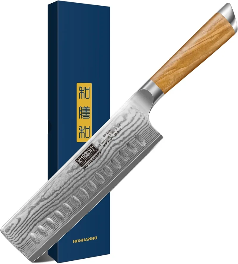HOSHANHO ▫️ Faca Nakiri Damasco 16,5 cm, Faca Japonesa para Legumes, Faca Profissional de Cozinha com 67 Camadas de Aço Damasco e Cabo em Madeira de Oliveira