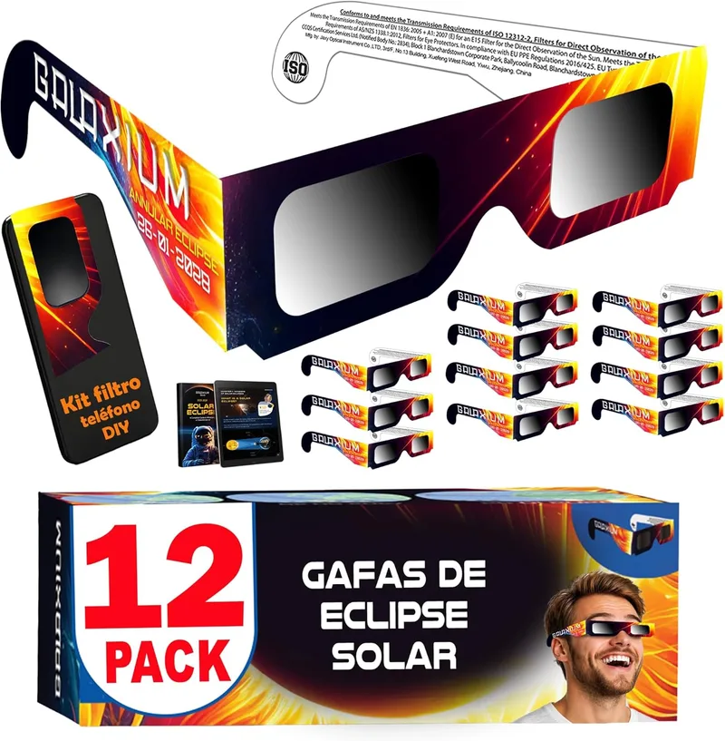 Galaxium ▫️ 6/12/25/50/100 Pack Óculos para Eclipse Solar Certificados pela AAS e pela norma ISO 12312-2 | Óculos para Ver o Eclipse Solar | Óculos para Eclipse Solar Certificados para 2026 | Óculos para Eclipse Certificados
