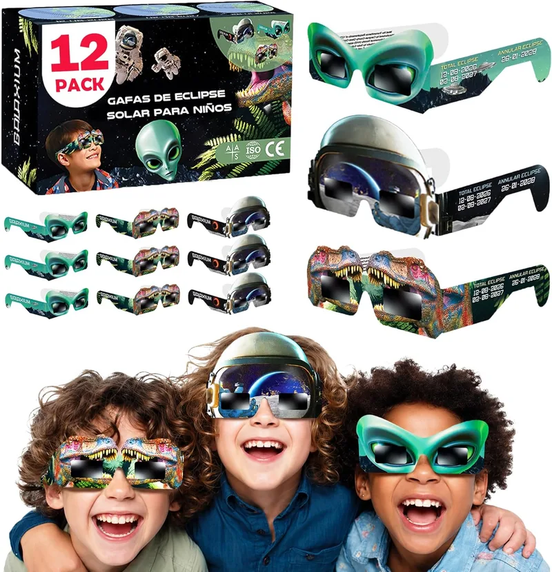 Galaxium ▫️ Óculos para o Eclipse Solar Infantil 2026 [Conjunto de 12] Design misto com motivos de alienígenas, astronautas e dinossauros, aprovados pela AAS, com certificação ISO 12312-2 e CE, óculos de sol para meninas