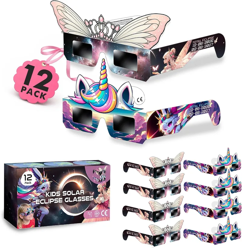 Galaxium ▫️ Óculos de eclipse solar 2026 [Conjunto de 12] para meninos e meninas - Temas: Espanha, Animais, Alienígenas, Astronautas, Dinossauros - Aprovados pela AAS, ISO 12312-2