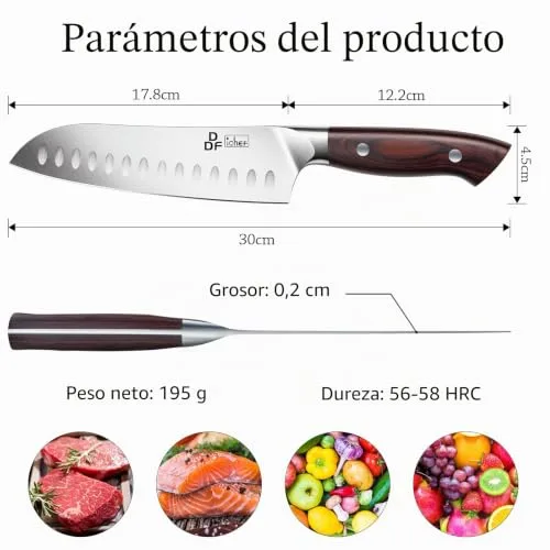 DDF iohEF ▫️ Faca Santoku faca de cozinha profissional de 18 cm, faca de chef com lâmina afiada em aço inoxidável e cabo ergonómico, para uso doméstico e em restaurantes 4