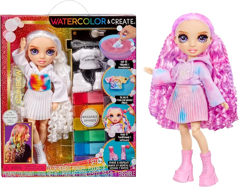 RAINBOW HIGH ▫️ Watercolour & Create DIY Boneca de Moda com Aguarelas Laváveis e Kit de Tintas - Olhos Roxos, Cabelo Encaracolado, Top e Sapatos - Pinta, CRIE, Enxagua e Repete - Crianças dos 4 aos 12 anos e mais