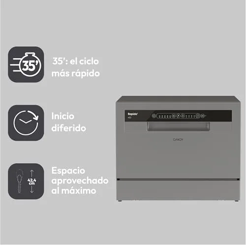 CANDY ▫️ CP 6E51LS Máquina de lavar louça pequena e compacta, 6 serviços, digital, 51 dBA, 5 ciclos, meia carga, início diferido de 3, 6 ou 9 horas, indicador de sal e abrilhantador, indicador de fim de ciclo, aço inoxidável 6