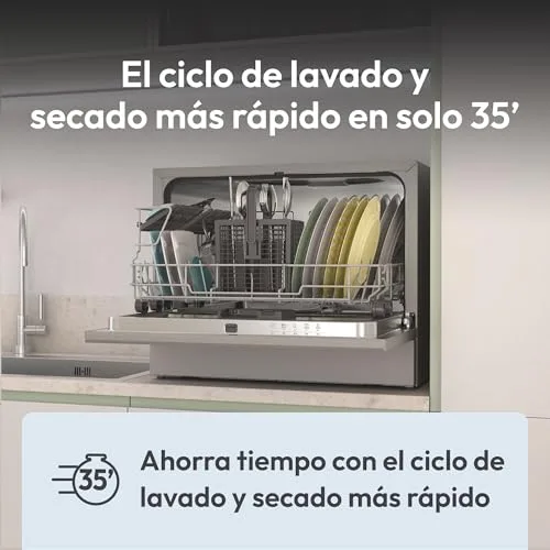 CANDY ▫️ CP 6E51LS Máquina de lavar louça pequena e compacta, 6 serviços, digital, 51 dBA, 5 ciclos, meia carga, início diferido de 3, 6 ou 9 horas, indicador de sal e abrilhantador, indicador de fim de ciclo, aço inoxidável 7