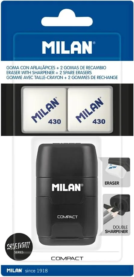 MILAN ▫️ ® Blister de afiador COMPACT, série especial Shadow + 2 elásticos de substituição