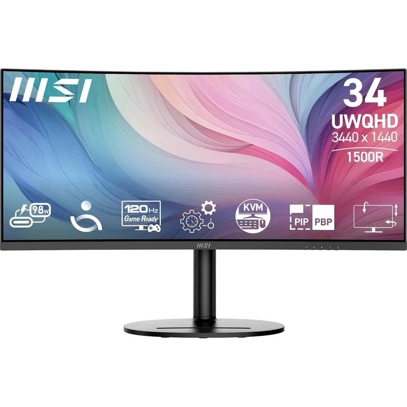 MSI ▫️ Monitor Curvo Modern MD342CQP de 34'' UWQHD 1500R - Painel VA 3440 x 1440, KVM, PIP/PBP, amplo, altifalantes integrados, ajustável em 3 direções - HDMI 2.0b, DisplayPort (1.4a)
