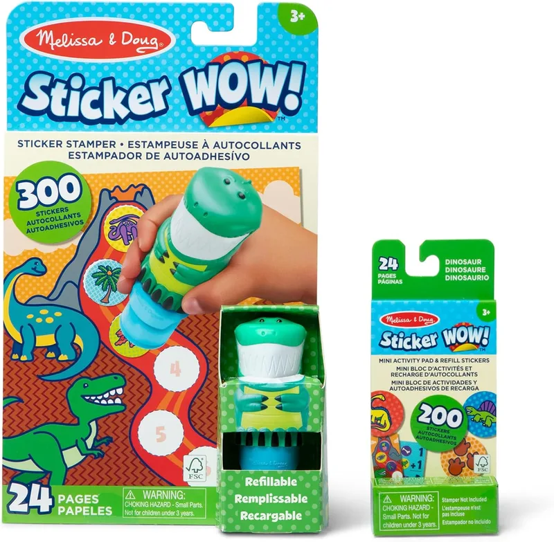 Melissa & Doug ▫️ Sticker Wow! Carimbo de autocolantes infantis em forma de dinossauro: 24 páginas de atividades e 300 autocolantes infantis + mini bloco e recarga (200) - 6075499 - Artesanato para crianças