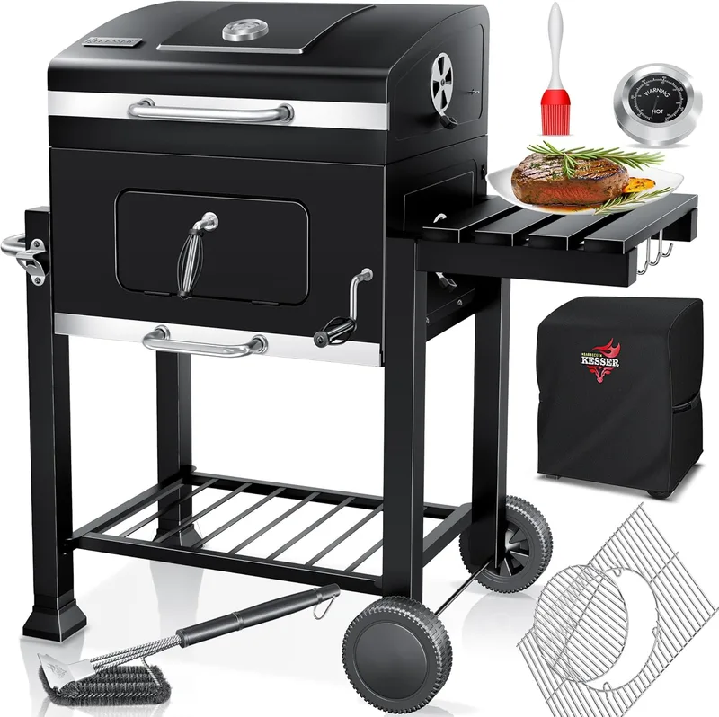 KESSER ▫️ ® Churrasqueira a carvão com carrinho, tampa, rodas e pega em aço inoxidável | Churrasqueira, escova, capa e termómetro para carvão – Churrasqueira grande para acampamento e jardim, XL, preta