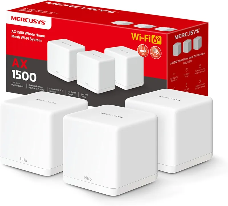 MERCUSYS ▫️ [2024 Novo] Halo H1500X(3-Pack)-AX1500 6 Mesh WiFi System, 3X Gigabit Ethernet Port, Liga até 150 Dispositivos, Controlo Parental, Cobertura até 550 m², Configuração Fácil