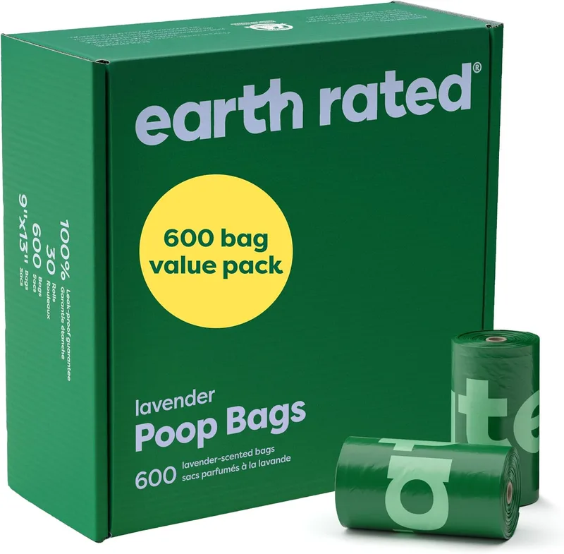 Earth Rated ▫️ Sacos de fezes de cão à prova de fugas e extra grossos, adequados para cães de qualquer tamanho, rolos de recarga, aroma Lananda, 600 unidades.