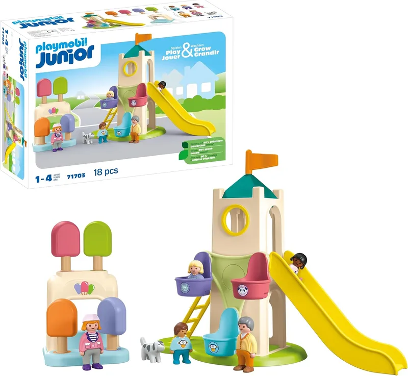 PLAYMOBIL ▫️ Junior 71703 Torre de Aventura com Gelataria, inclui escorrega e roda gigante, fabricado com plásticos de origem vegetal, brinquedos para crianças a partir de 1 ano