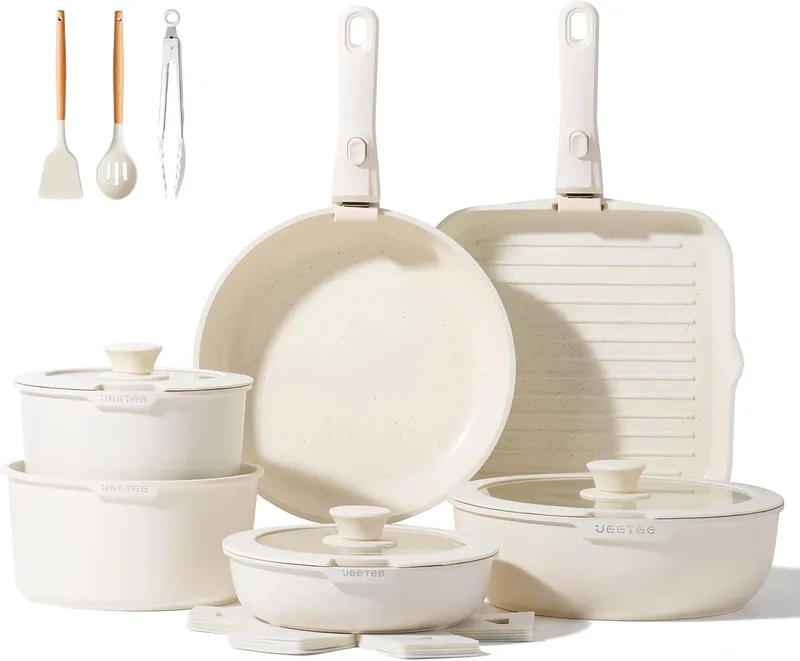 JEETEE ▫️ Conjunto de Panelas de 25 peças com pegas removíveis, compatível com indução | Conjunto de panelas e frigideiras antiaderentes, empilháveis, adequadas para o forno até 220 °C, poupam até 70% de espaço