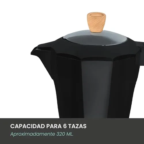 Jocca ▫️ Máquina de café italiana elétrica para 6 chávenas | Linha Nature | Base giratória a 360º | Sistema «Sempre Quente» | Desligamento automático | Pega que não aquece | Tampa transparente | Cor preta 2