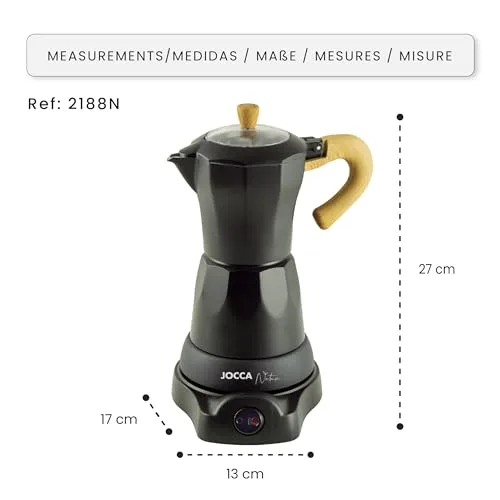 Jocca ▫️ Máquina de café italiana elétrica para 6 chávenas | Linha Nature | Base giratória a 360º | Sistema «Sempre Quente» | Desligamento automático | Pega que não aquece | Tampa transparente | Cor preta 6
