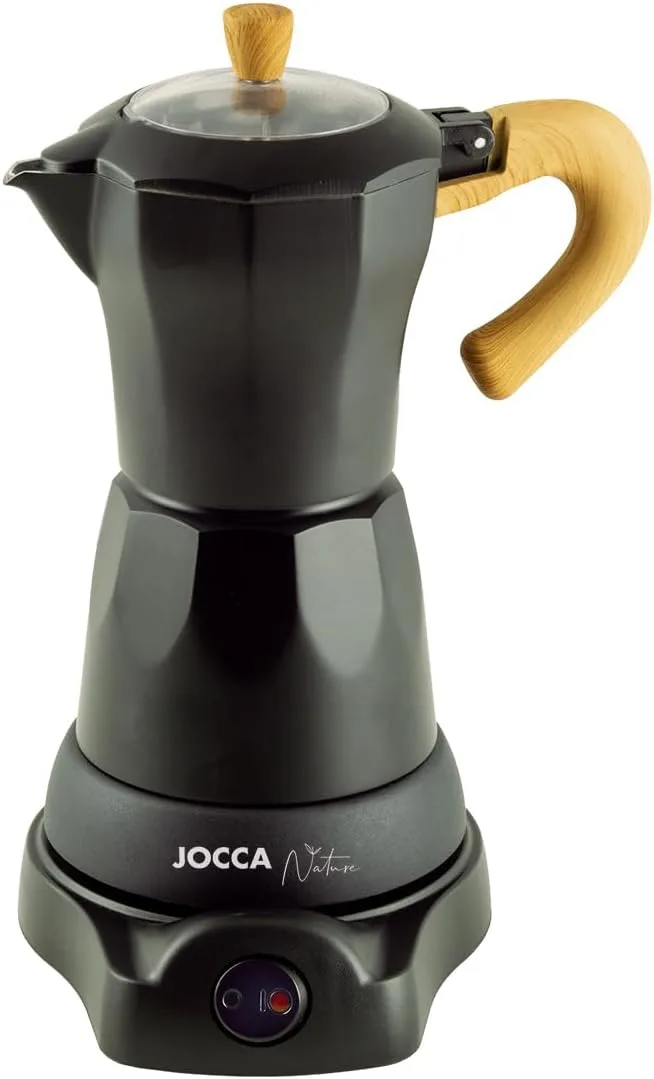 Jocca ▫️ Máquina de café italiana elétrica para 6 chávenas | Linha Nature | Base giratória a 360º | Sistema «Sempre Quente» | Desligamento automático | Pega que não aquece | Tampa transparente | Cor preta