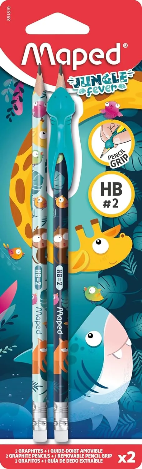 Maped ▫️ Lápis de grafite HB com borracha - Jungle Fever X2 + Guia para os dedos - Ideal para uso escolar - Material indispensável -
