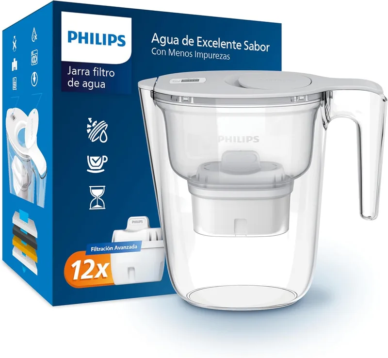Philips ▫️ Filtro de água para jarro + 12 cartuchos de filtro de substituição, filtragem avançada, fluxo rápido, temporizador eletrónico, filtra CLORO, calcário, metais pesados e MICROPLÁSTICO, capacidade 2,6 L