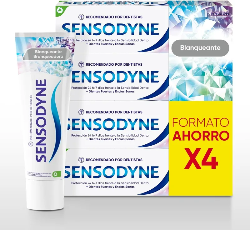 Sensodyne ▫️ Pasta de dentes Branqueadora, Alívio da Sensibilidade, Embalagem de 4 x 75 ml | Pasta de dentes para dentes sensíveis, branqueamento suave, proteção contra cáries, uso diário, embalagem económica com 4 tubos, 75 ml cada