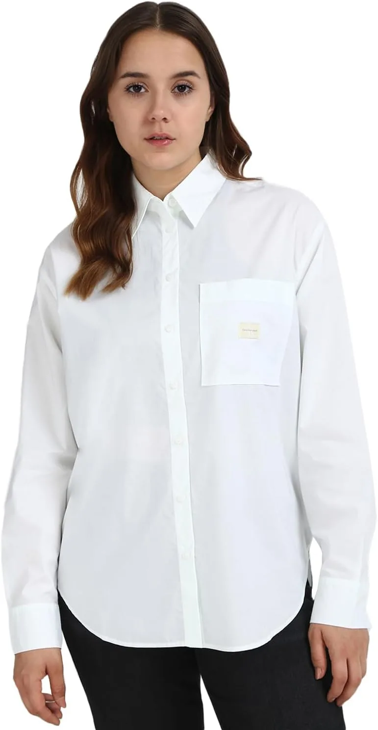 Calvin Klein Jeans ▫️ Camisa de homem Calvin Klein Woven Label, corte descontraído, Branco (Bright White), L
