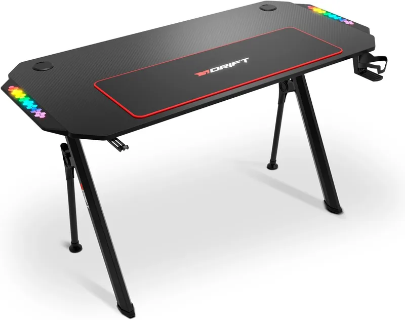 DRIFT GAMING ▫️ DRDZ175RGB - Mesa de jogos com tampo em fibra de carbono, laterais RGB reactivas ao som, tapete de rato XL, suporte para bebidas e auscultadores, cor preta