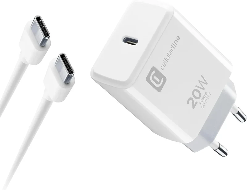 cellularline ▫️ Kit de Carregador de 20 W - Para a Série iPhone 15 - Kit composto por um carregador USB-C de 20 W + cabo USB-C, capaz de carregar com segurança diferentes modelos do iPhone 15