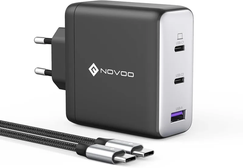 NOVOO ▫️ Carregador USB C de 120 W com 1 cabo PD 100 W Tipo C, carregador de parede compacto de 3 portas PPS GAN III, para MacBook Pro 14", DELL XPS 13, iPad Pro, iPhone 15, Galaxy S23, Note 20, Apple Watch